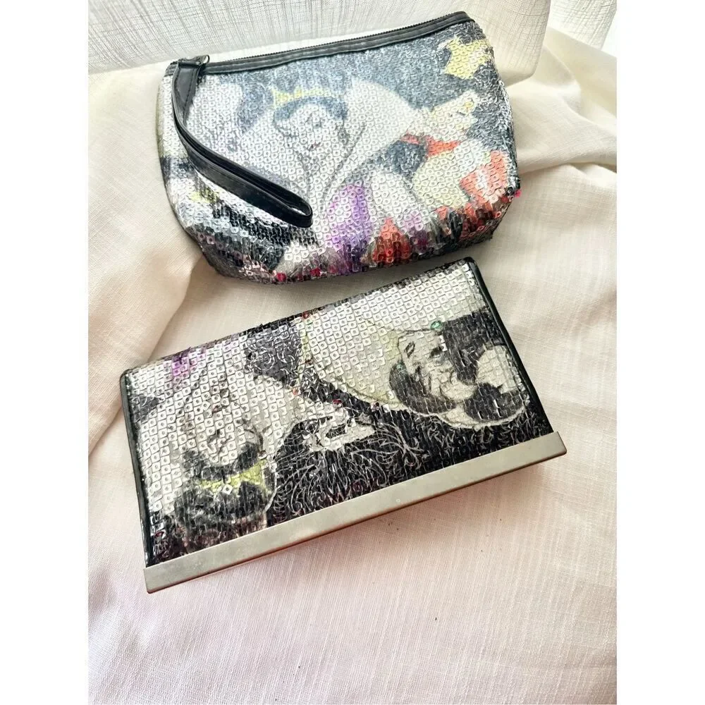 disney art of villains designer sequin makeup bag & wallet